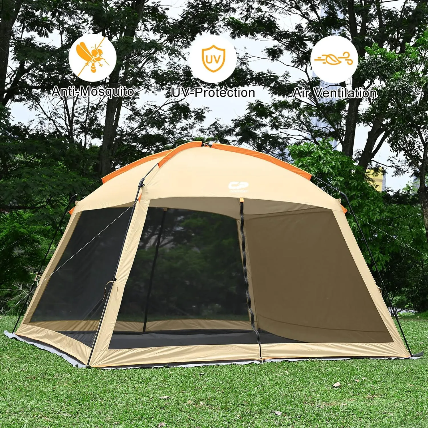 CAMPROS CP Screen House Room with 1 Pc Removal Wind/Sun Panel Canopy Tent Camping Tent Screen Shelter Gazebos for Patios Outdoor Camping Activities, 12'X12'X92in(H) - Beige
