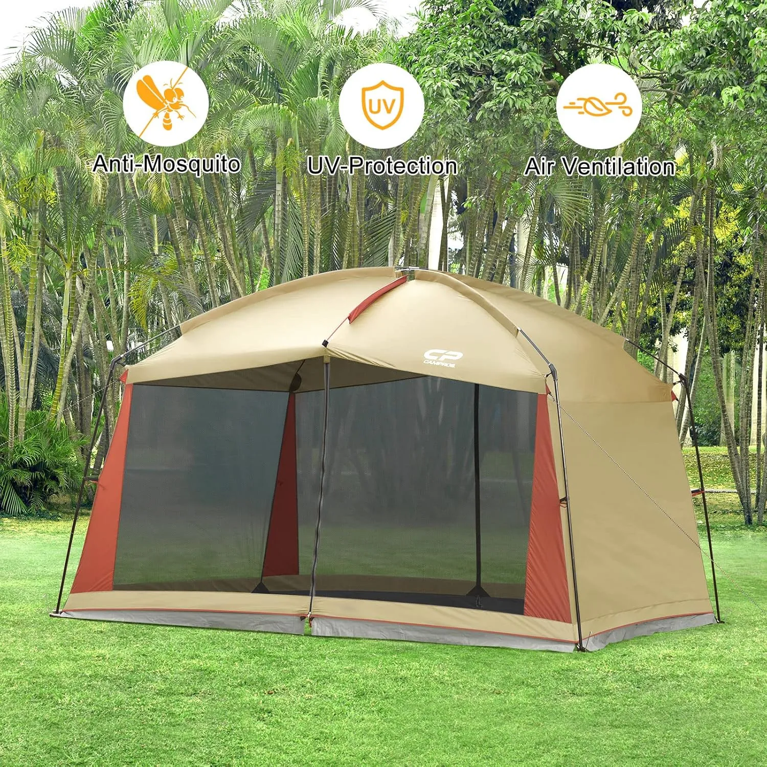 CAMPROS CP Screen House Room with 1 Side Wind/Sun Panel Canopy Tent Camping Tent Screen Shelter Gazebos for Patios Outdoor Camping Activities, 12'X10'X90in(H) - Beige