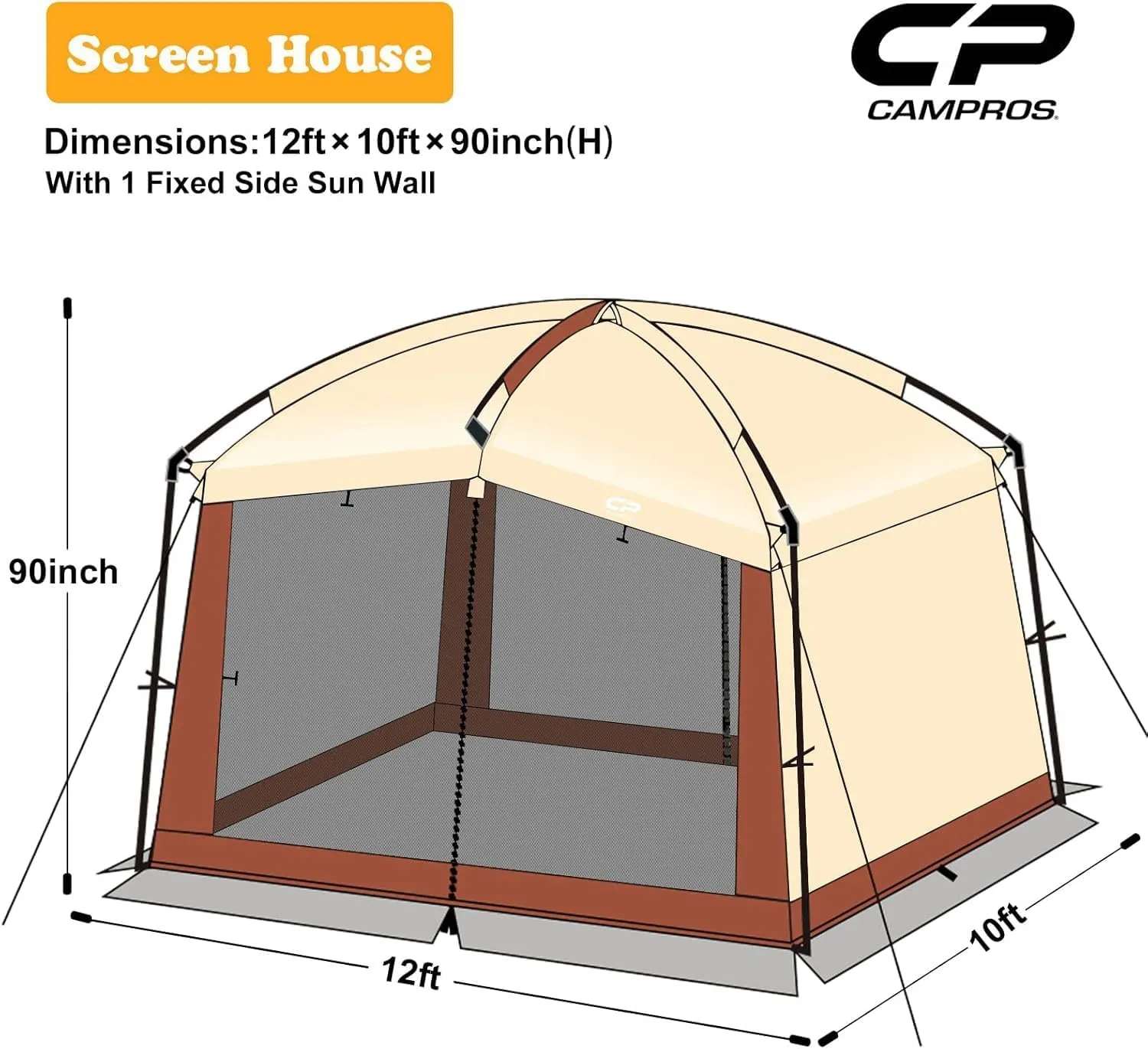 CAMPROS CP Screen House Room with 1 Side Wind/Sun Panel Canopy Tent Camping Tent Screen Shelter Gazebos for Patios Outdoor Camping Activities, 12'X10'X90in(H) - Beige