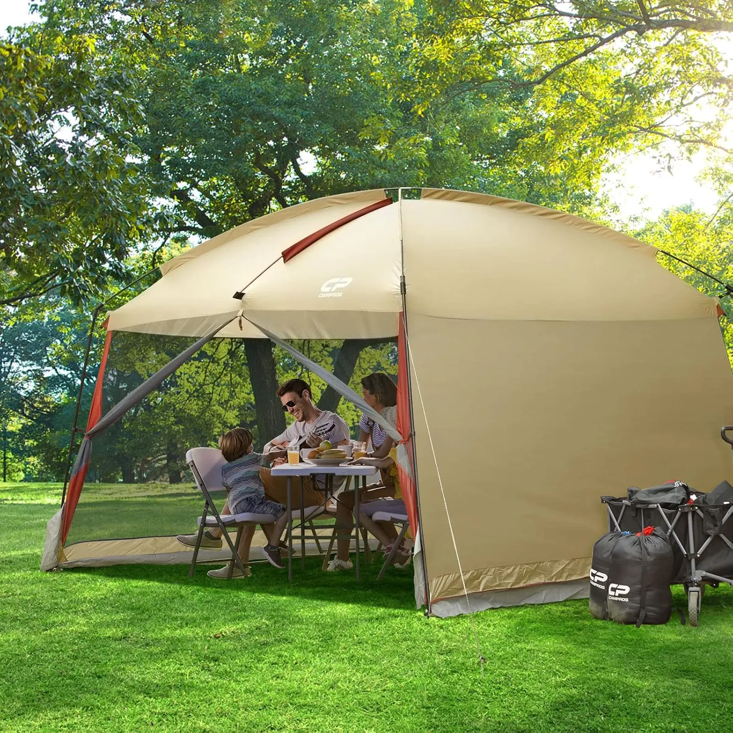 CAMPROS CP Screen House Room with 1 Side Wind/Sun Panel Canopy Tent Camping Tent Screen Shelter Gazebos for Patios Outdoor Camping Activities, 12'X10'X90in(H) - Beige