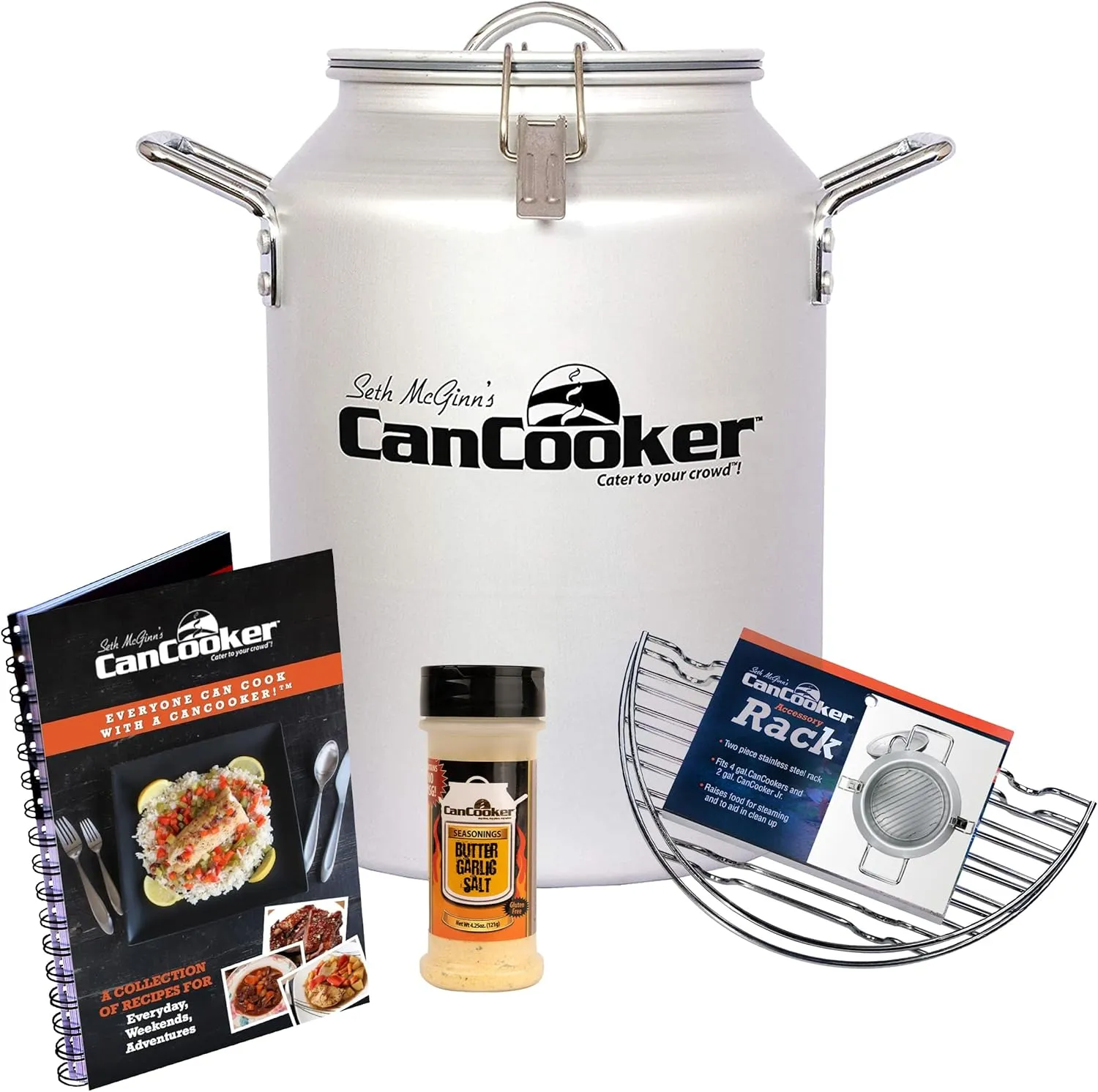 CanCooker Camping Meals Cookware | 4 Gallon Steam Cooker, Cooking Rack, Butter Garlic Salt Seasoning & 100-Page Recipe Cookbook