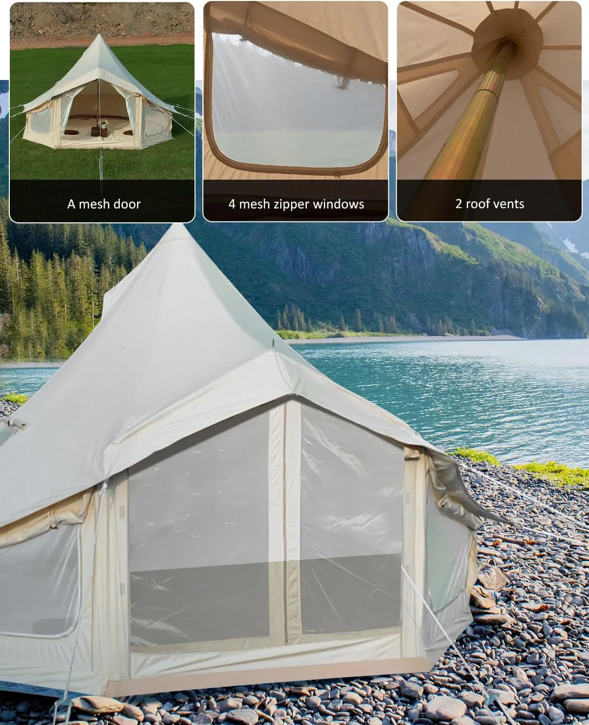 Canvas Bell Tent, 4 Seasons Yurt Tent with 2 Stove Jack, 4 Mesh Zippers Windows, Breathable Waterproof Tent Suitable for 4-12 People, Family Camping Outdoor Party