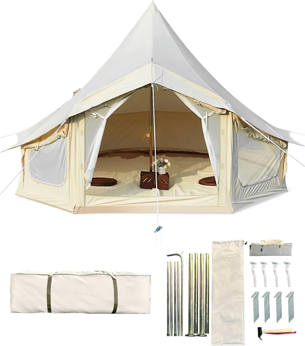 Canvas Bell Tent, 4 Seasons Yurt Tent with 2 Stove Jack, 4 Mesh Zippers Windows, Breathable Waterproof Tent Suitable for 4-12 People, Family Camping Outdoor Party