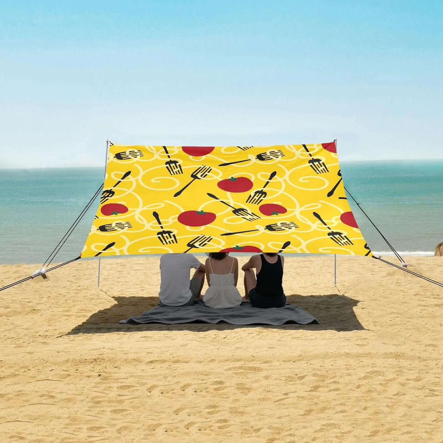 Cartoon Fork and Pasta Beach Canopy Tent Anti-UV & Wind Resistant, Camping Sun Shelter Easy Setup Portable,Outdoor Shade Tents with Sandbags,Sand Shovels,Ground Pegs & Stability Poles