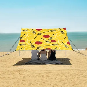 Cartoon Fork and Pasta Beach Canopy Tent Anti-UV & Wind Resistant, Camping Sun Shelter Easy Setup Portable,Outdoor Shade Tents with Sandbags,Sand Shovels,Ground Pegs & Stability Poles