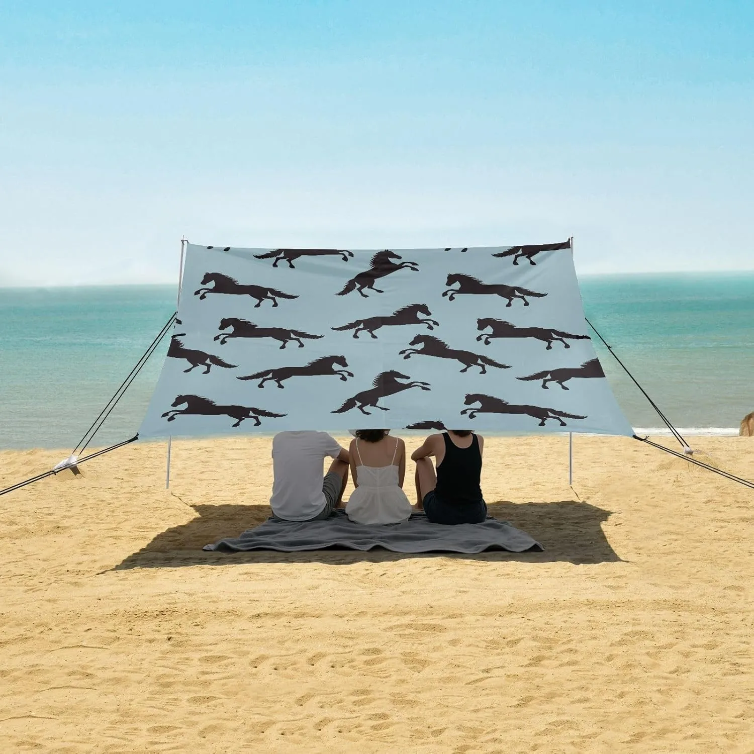 Cartoon Horses Animal Beach Canopy Tent Anti-UV & Wind Resistant, Camping Sun Shelter Easy Setup Portable,Outdoor Shade Tents with Sandbags,Sand Shovels,Ground Pegs & Stability Poles