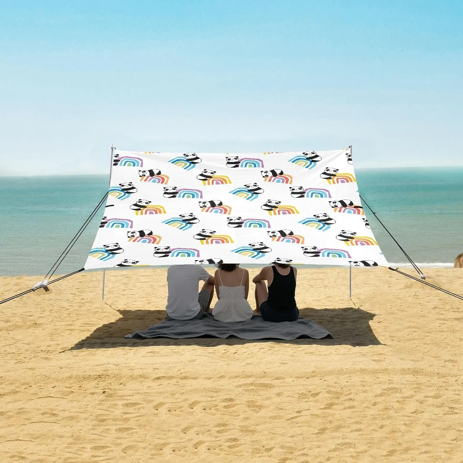 Cartoon Panda Rainbow Beach Canopy Tent Anti-UV & Wind Resistant, Camping Sun Shelter Easy Setup Portable,Outdoor Shade Tents with Sandbags,Sand Shovels,Ground Pegs & Stability Poles