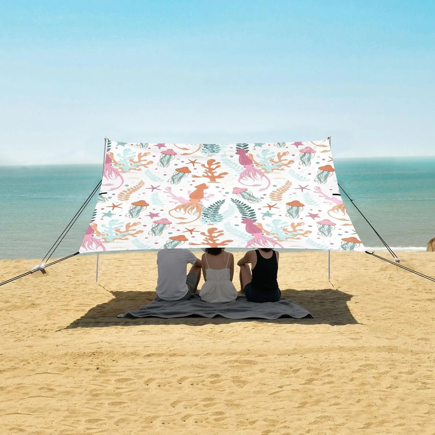 Cartoon Squid Beach Canopy Tent Anti-UV & Wind Resistant, Sea Camping Sun Shelter Easy Setup Portable,Outdoor Shade Tents with Sandbags,Sand Shovels,Ground Pegs & Stability Poles