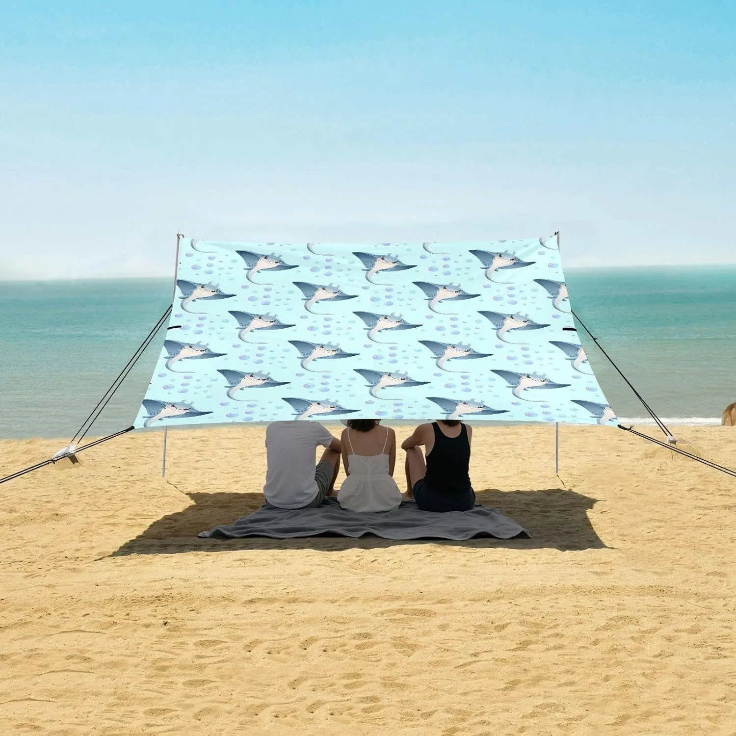 Cartoon Stingray Beach Canopy Tent Anti-UV & Wind Resistant, Camping Sun Shelter Easy Setup Portable,Outdoor Shade Tents with Sandbags,Sand Shovels,Ground Pegs & Stability Poles