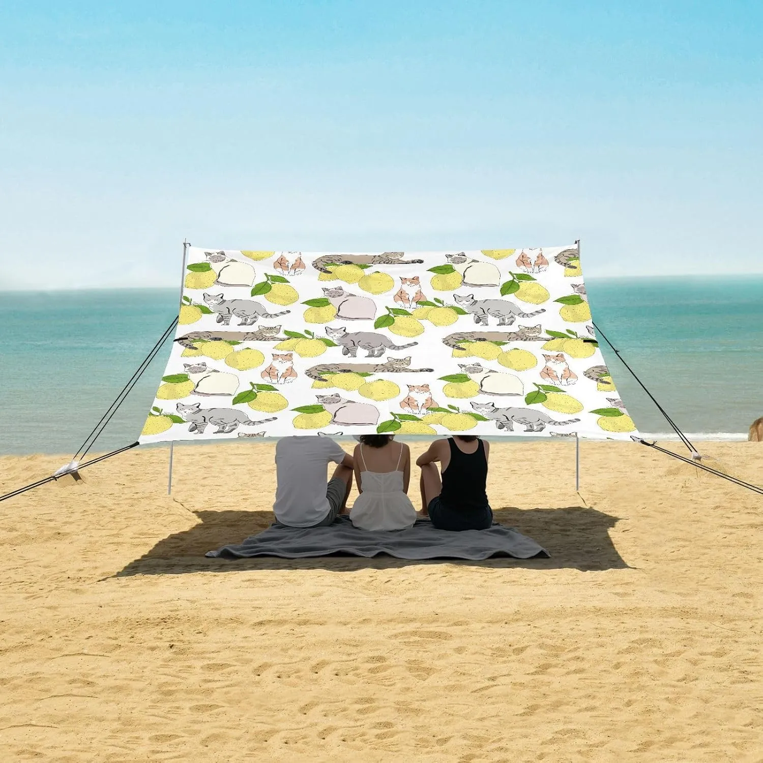 Cat Lemon Beach Canopy Tent Anti-UV & Wind Resistant, Cartoon Camping Sun Shelter Easy Setup Portable,Outdoor Shade Tents with Sandbags,Sand Shovels,Ground Pegs & Stability Poles