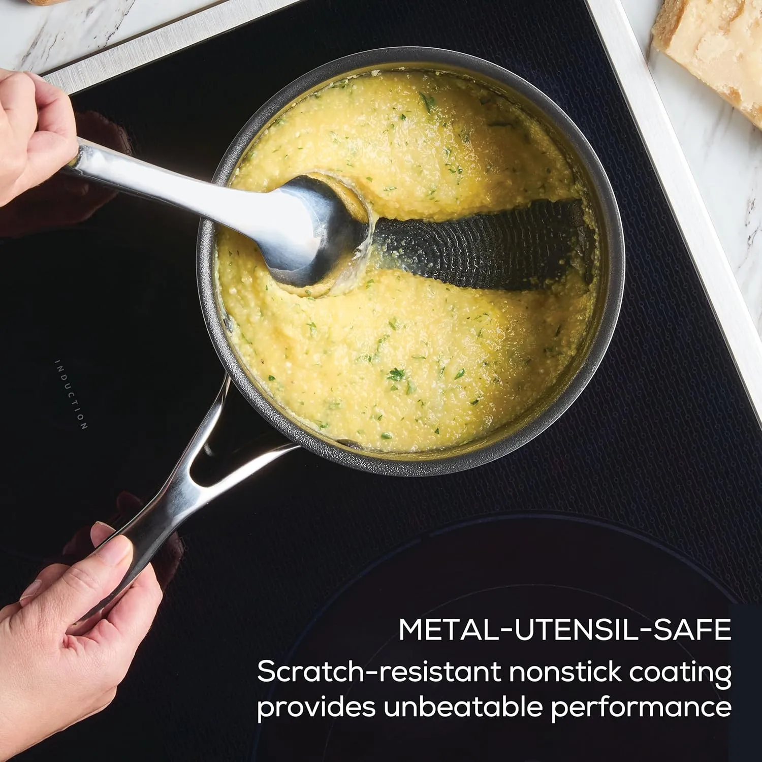Circulon C1 Series Clad Stainless Steel with ScratchDefense Technology Cookware Nonstick Induction Saucepan with Lid, Metal Utensil Safe, 3 Quart - Polished Stainless Steel