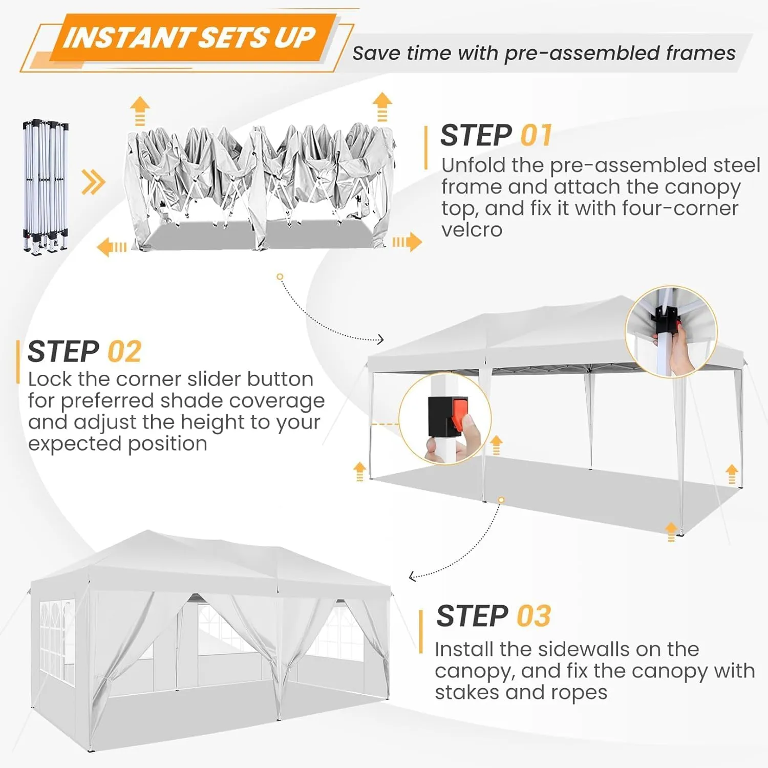 COBIZI 10x20 Pop up Canopy Tent with 6 Sidewalls, Waterproof Portable Outdoor Canopy 10x20 Ez up Instant Shelter Tent for Parties, Wedding, Backyard, Carport with Carry Bag, Stakes, Ropes, White