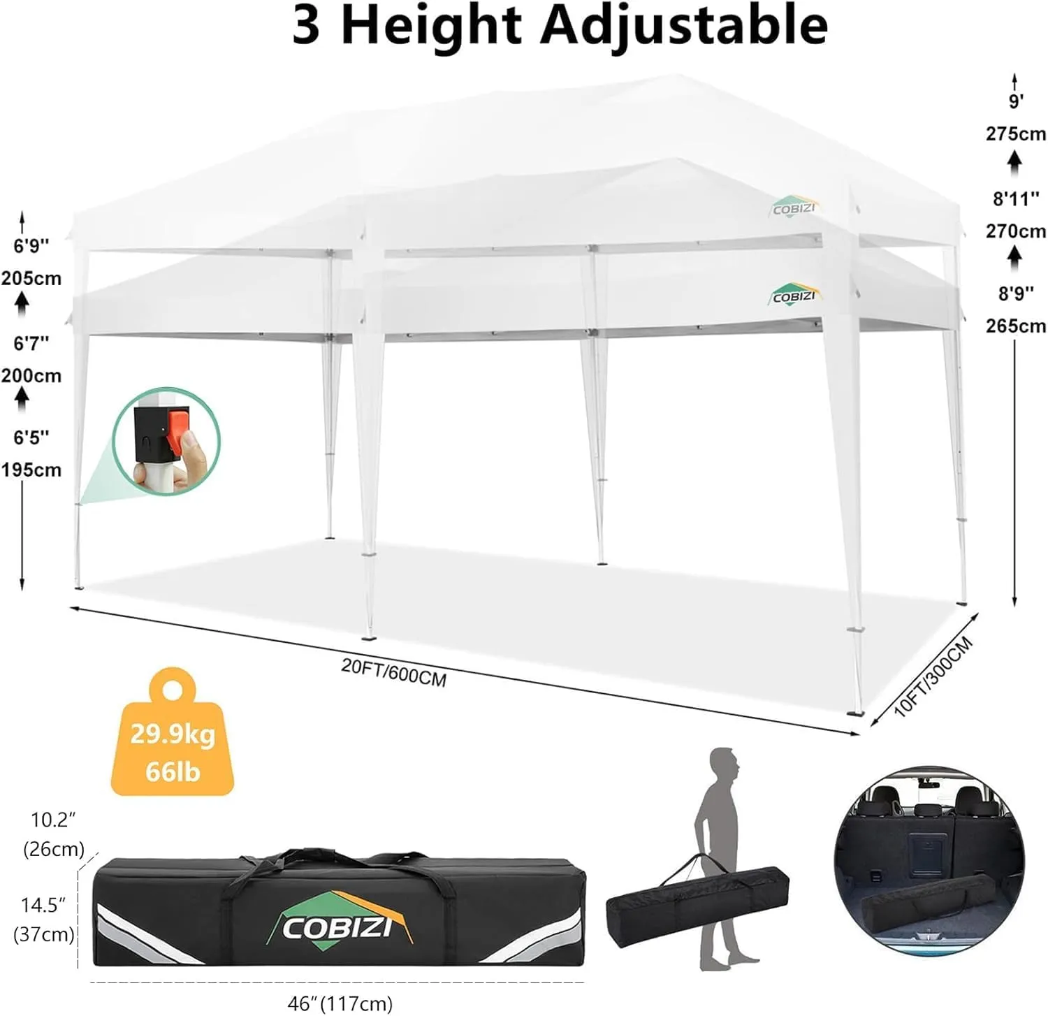 COBIZI 10x20 Pop up Canopy Tent with 6 Sidewalls, Waterproof Portable Outdoor Canopy 10x20 Ez up Instant Shelter Tent for Parties, Wedding, Backyard, Carport with Carry Bag, Stakes, Ropes, White