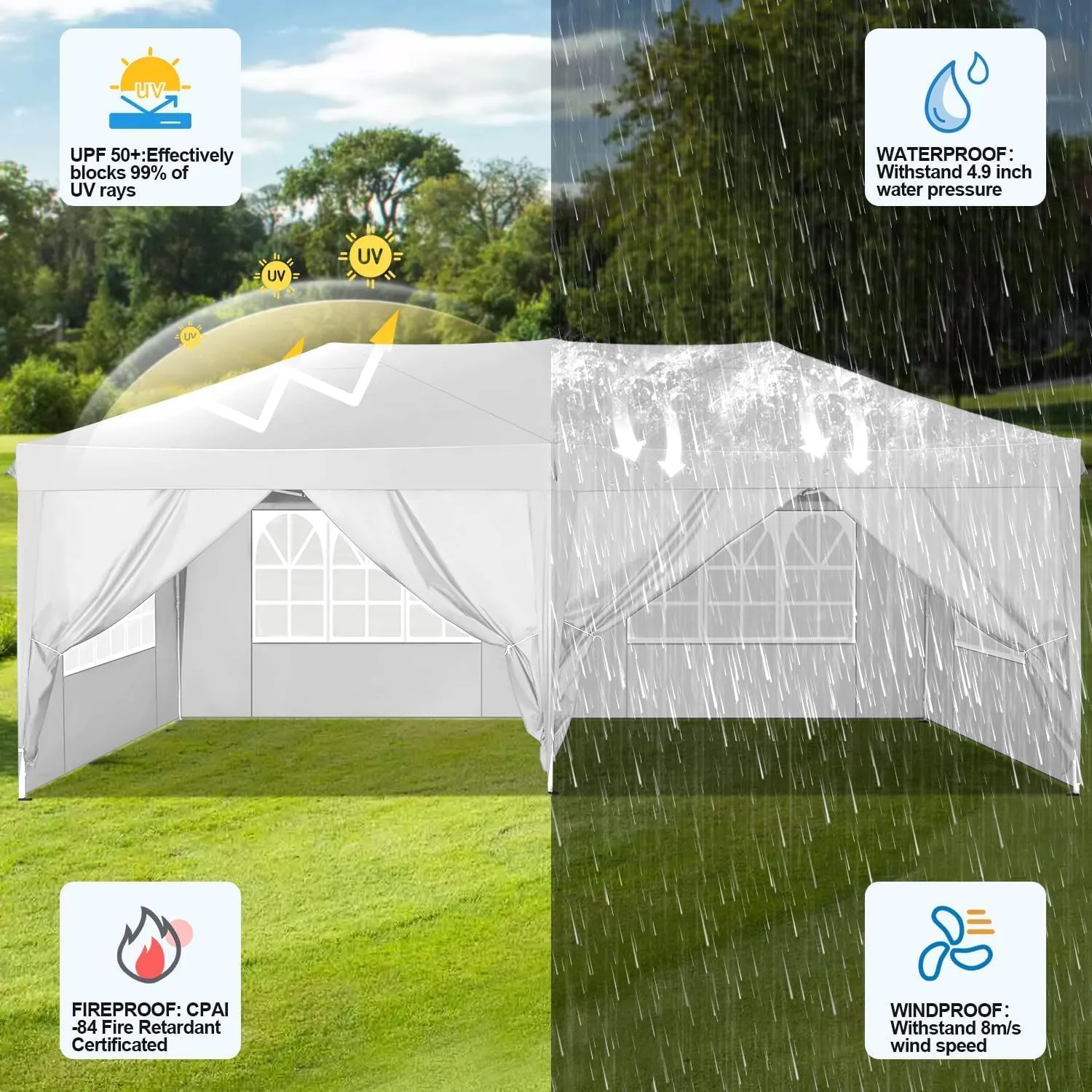 COBIZI 10x20 Pop up Canopy Tent with 6 Sidewalls, Waterproof Portable Outdoor Canopy 10x20 Ez up Instant Shelter Tent for Parties, Wedding, Backyard, Carport with Carry Bag, Stakes, Ropes, White