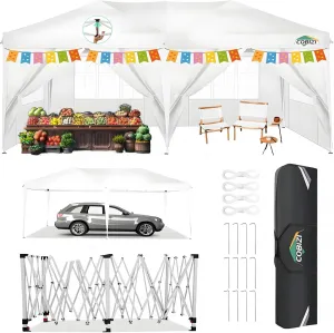 COBIZI 10x20 Pop up Canopy Tent with 6 Sidewalls, Waterproof Portable Outdoor Canopy 10x20 Ez up Instant Shelter Tent for Parties, Wedding, Backyard, Carport with Carry Bag, Stakes, Ropes, White