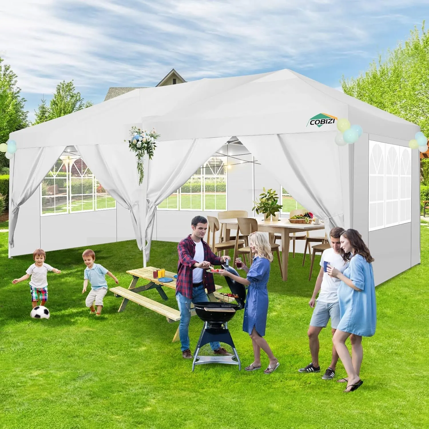 COBIZI 10x20 Pop up Canopy Tent with 6 Sidewalls, Waterproof Portable Outdoor Canopy 10x20 Ez up Instant Shelter Tent for Parties, Wedding, Backyard, Carport with Carry Bag, Stakes, Ropes, White