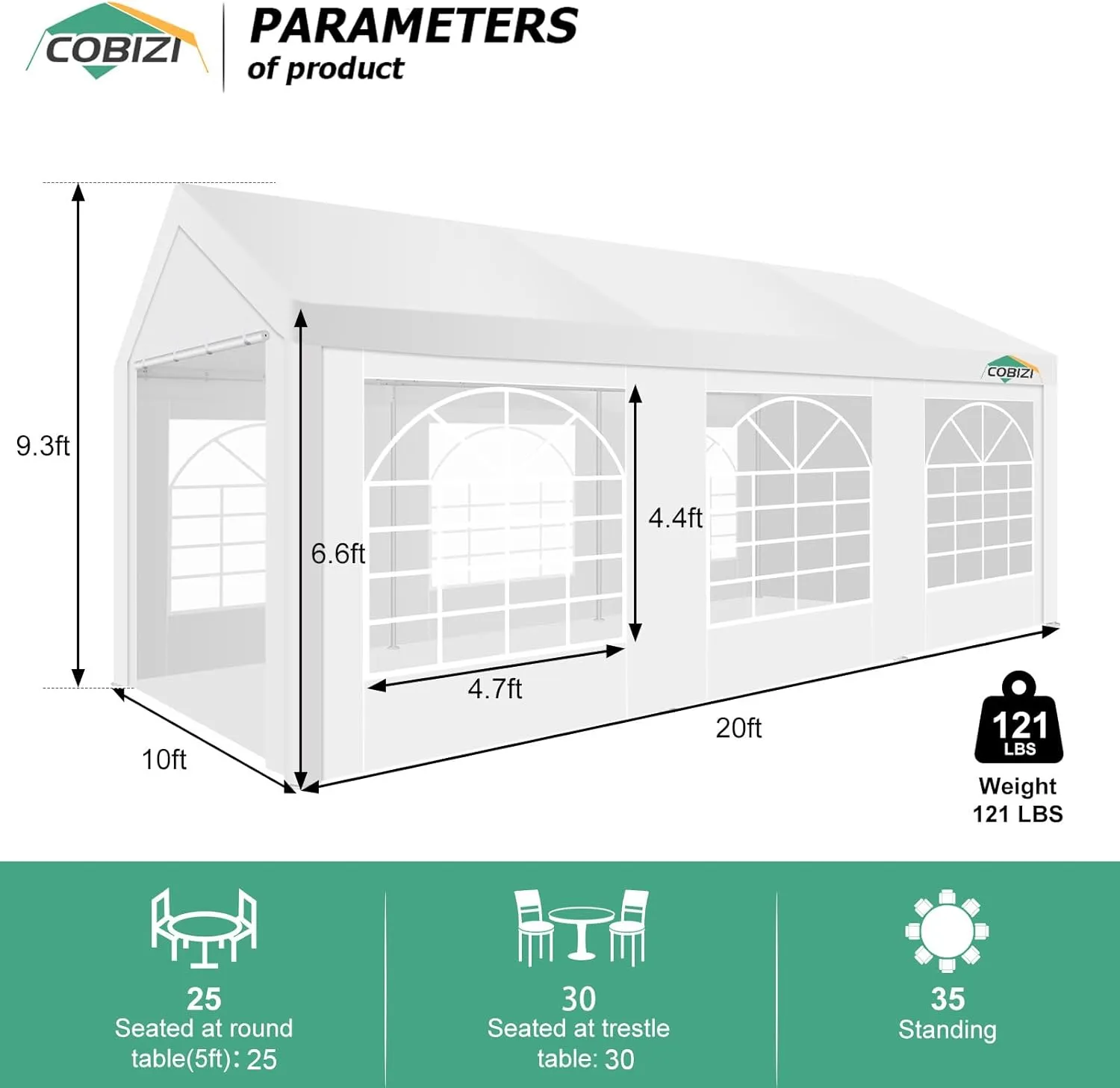 COBIZI 10x20FT Party Tent Heavy Duty Outdoor Gazebo White Event Shelter Wedding Canopy Tent for Parties Carport BBQ Commercial with Removable Sidewall Windows, Powder Coating (Better Than Galvanized)