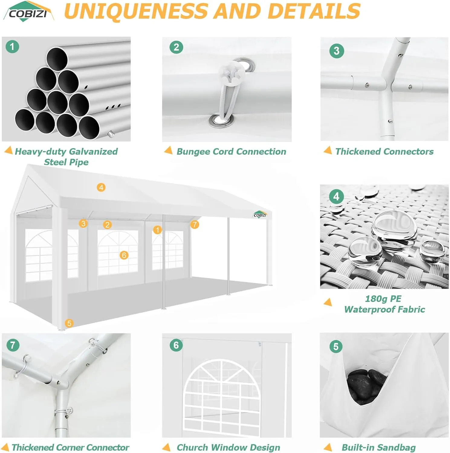 COBIZI 10x20FT Party Tent Heavy Duty Outdoor Gazebo White Event Shelter Wedding Canopy Tent for Parties Carport BBQ Commercial with Removable Sidewall Windows, Powder Coating (Better Than Galvanized)