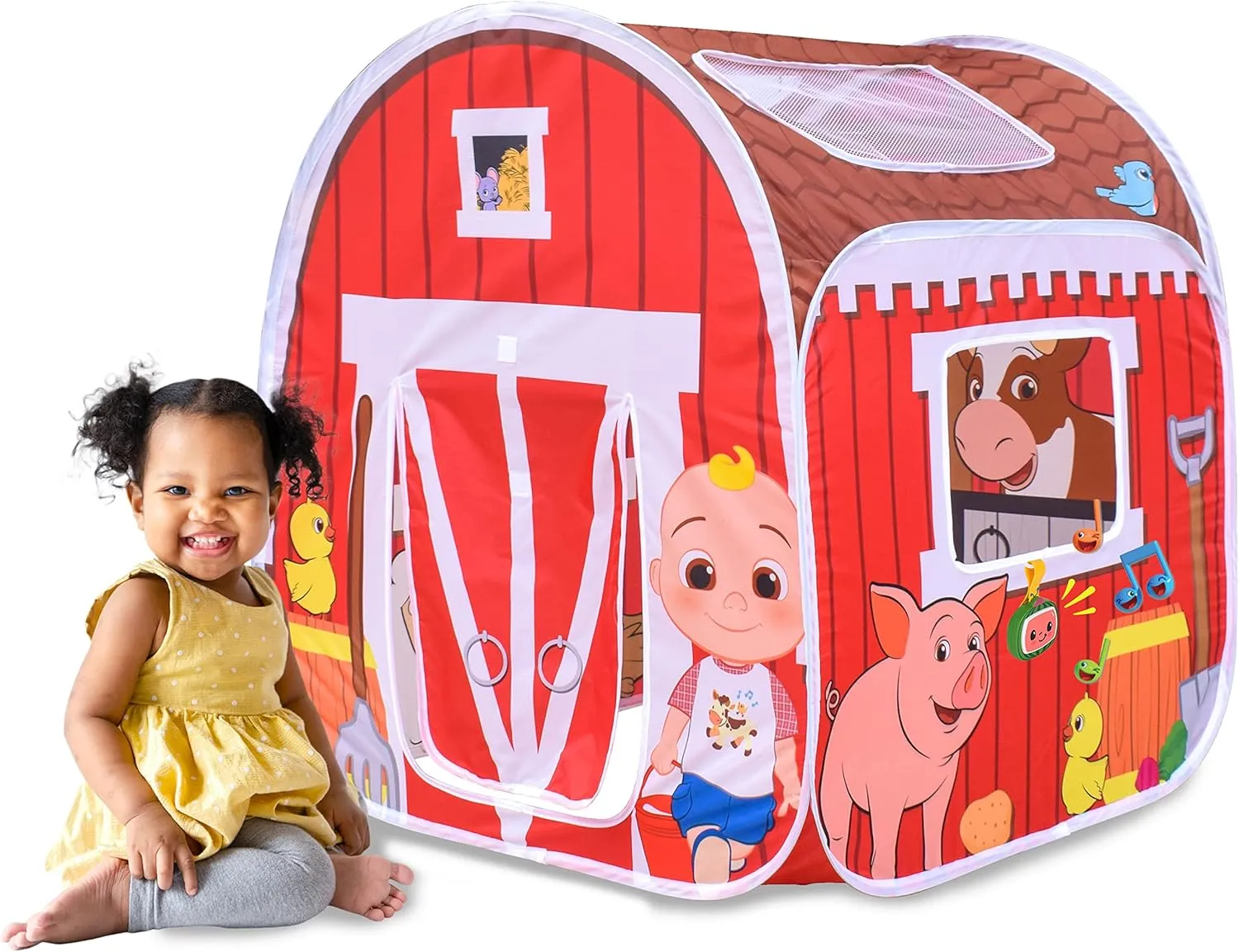 CoComelon Old MacDonald's Musical Barn Pop Up Tent – Easy to Setup Playhouse for Kids | Plays Music, Roll Up Door and Mesh Windows
