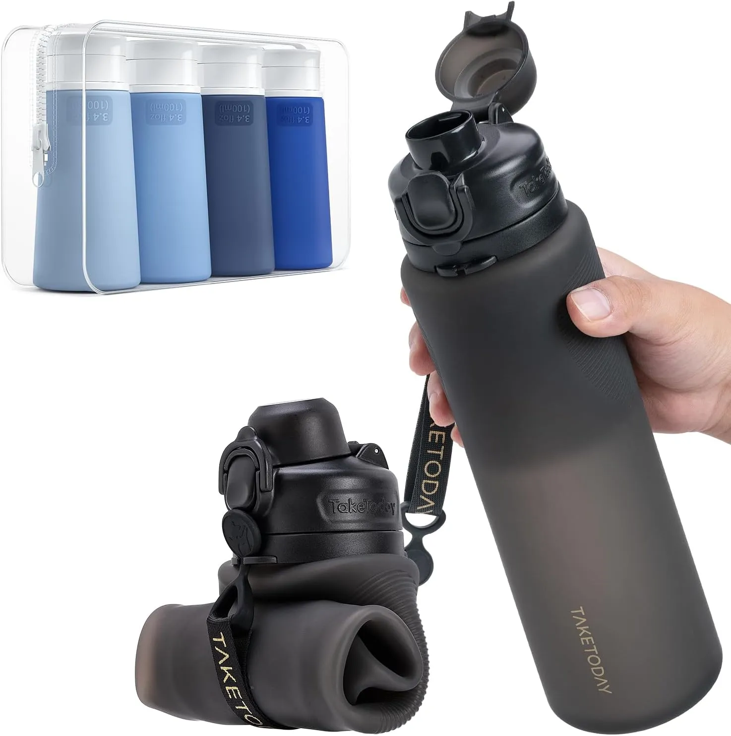 Collapsible 32oz Silicone Water Bottle, Foldable Travel Bottle with Strap, BPA Free, Leakproof for Hiking, International Travel, Outdoors (Black)