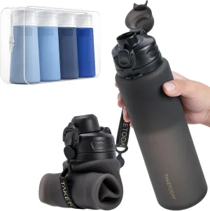 Collapsible 32oz Silicone Water Bottle, Foldable Travel Bottle with Strap, BPA Free, Leakproof for Hiking, International Travel, Outdoors (Black)