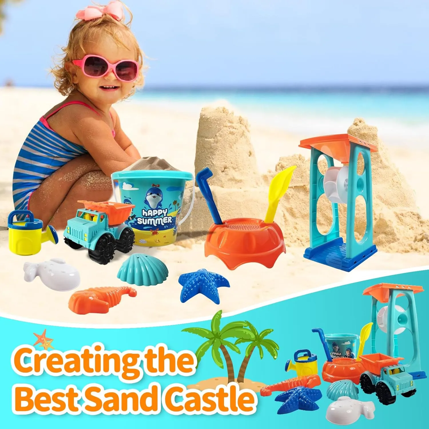 Collapsible Beach Toys Set for Kids Toddlers,Sand Toys Set with Buckets,Water Wheel Beach Tool Kit,Trucks, Molds,Bucket Watering Can,Travel Beach Toys for Toddlers 3-10