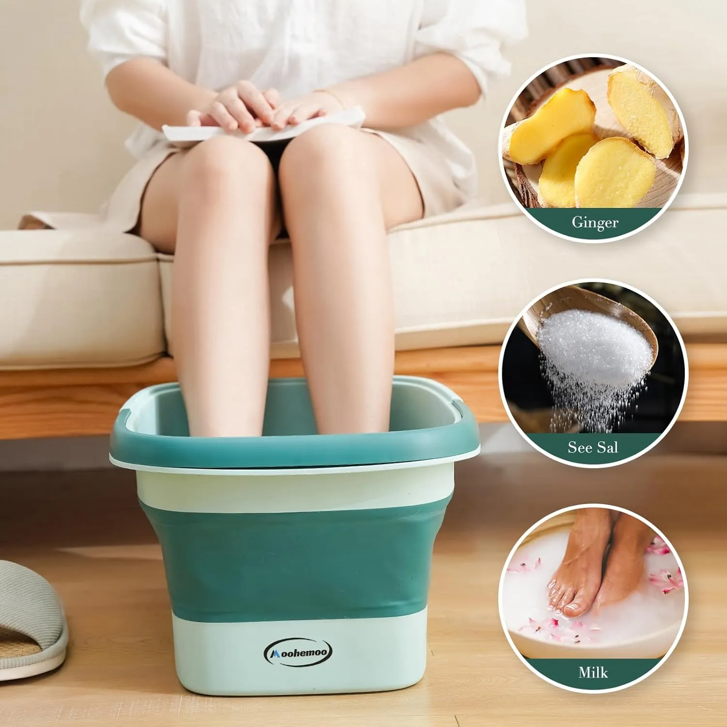Collapsible Foot Bath Basin with Massage Acupoint for Soothing Foot Soaks, Soaking Tub for Pedicure Spa, Multifunction Plastic Bucket with Handle, Home Spa Treatment – Green