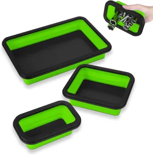 Collapsible Magnetic Parts Tray Set - 3 Different Size Tool Trays for Screw, Bolts, Nuts, Washers, Pins and Other Small Metal Parts, Mechanic Tool Gifts for Men - Green