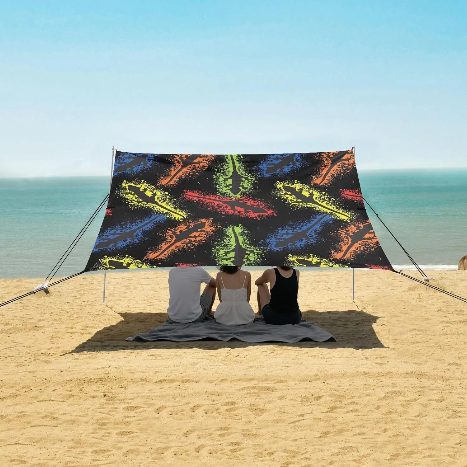 Colorful Chameleon Pattern Beach Canopy Tent Anti-UV & Wind Resistant, Camping Sun Shelter Easy Setup Portable,Outdoor Shade Tents with Sandbags,Sand Shovels,Ground Pegs & Stability Poles