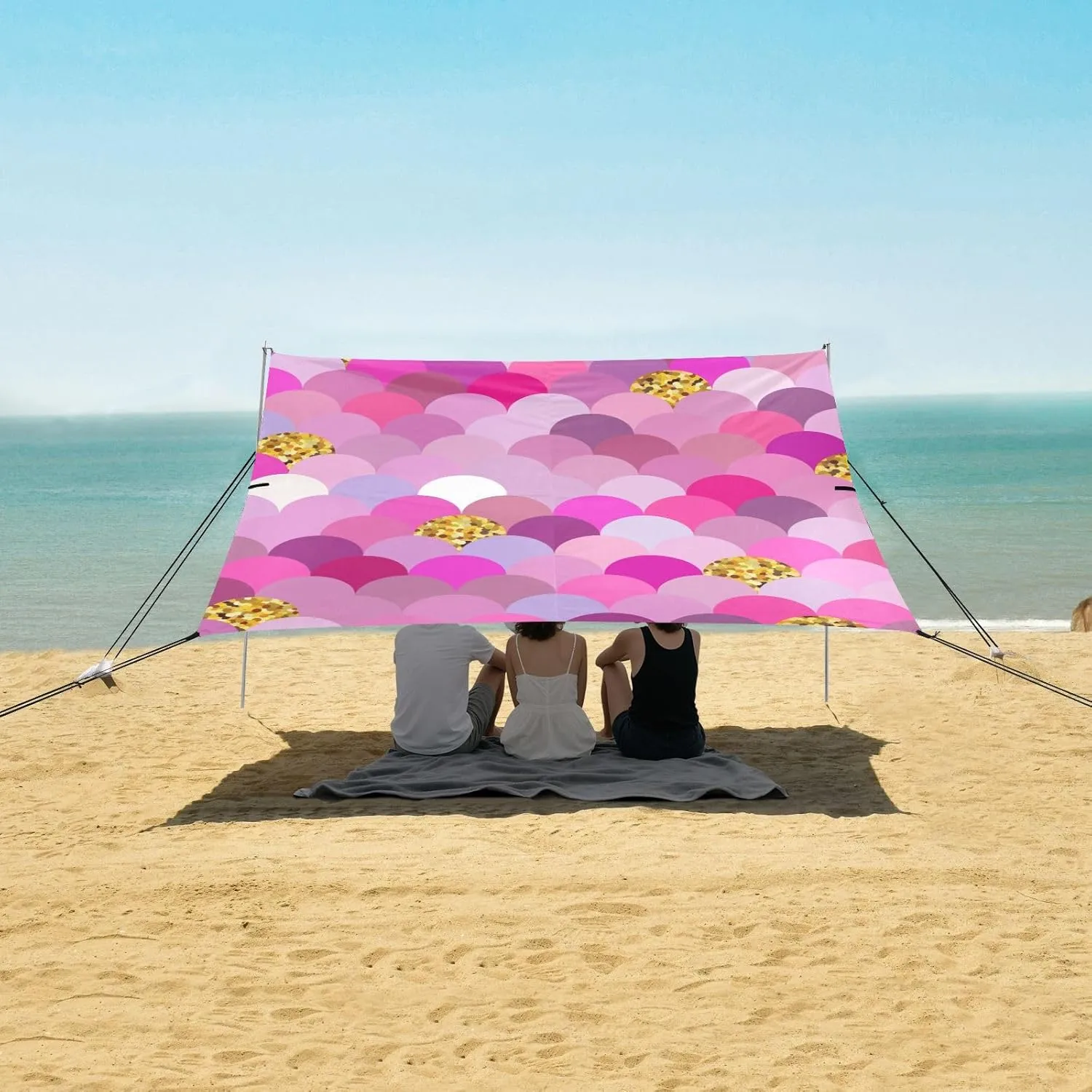 Colorful Geometric Mermaid Scale Beach Canopy Tent Anti-UV & Wind Resistant, Fantasy Glitter Sparkles Camping Sun Shelter Easy Setup Portable,Outdoor Shade Tents with Sandbags,Sand Shovels,Groun