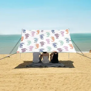 Colorful Seahorses White Background Beach Canopy Tent Anti-UV & Wind Resistant, Camping Sun Shelter Easy Setup Portable,Outdoor Shade Tents with Sandbags,Sand Shovels,Ground Pegs & Stability Po