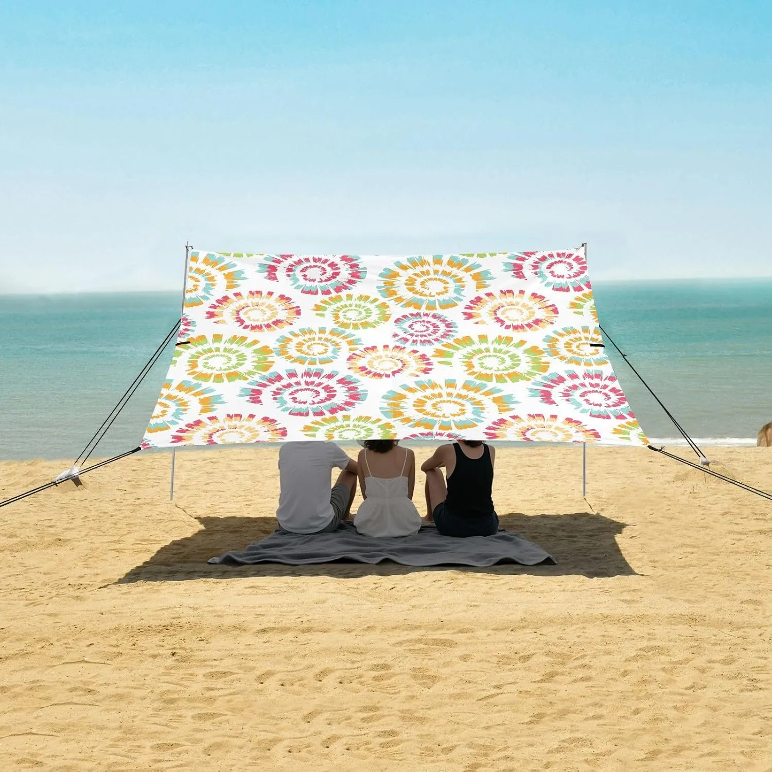 Colorful Tie Dye Beach Canopy Tent Anti-UV & Wind Resistant, Camping Sun Shelter Easy Setup Portable,Outdoor Shade Tents with Sandbags,Sand Shovels,Ground Pegs & Stability Poles