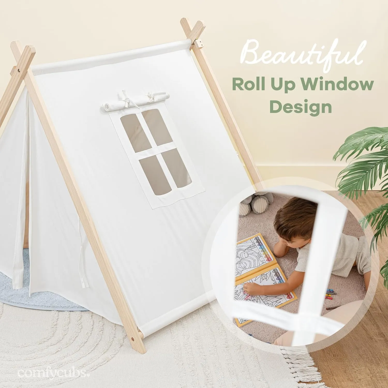 Comfy Cubs Kids Play Tent - Breathable Cotton Teepee for Imaginative Activity - Indoor Canvas Play Tent - Easy Setup, Safe Design, and Spacious Layout for Children - Natural Wood