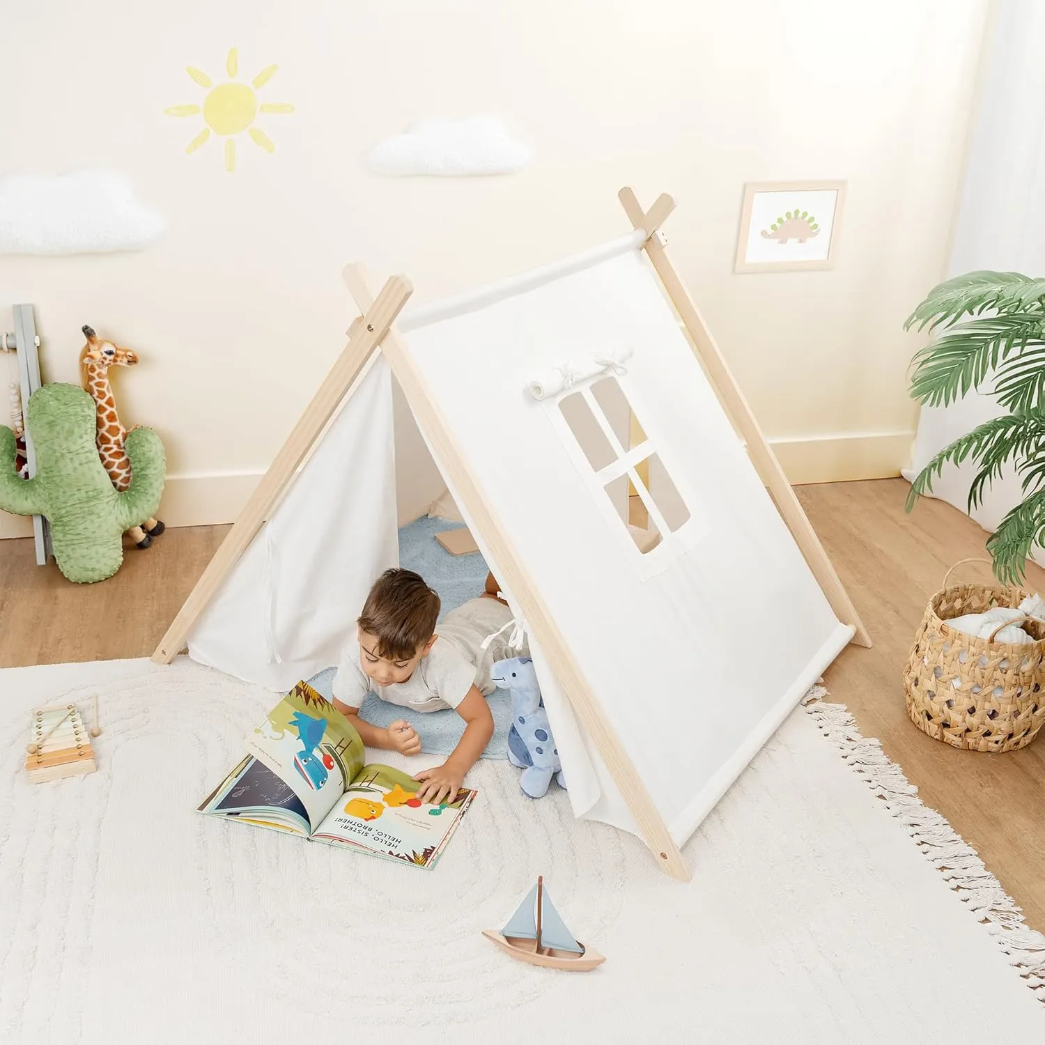 Comfy Cubs Kids Play Tent - Breathable Cotton Teepee for Imaginative Activity - Indoor Canvas Play Tent - Easy Setup, Safe Design, and Spacious Layout for Children - Natural Wood