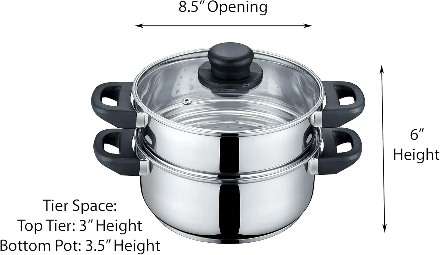 CONCORD 3 Quart Stainless Steel 3 Piece Steamer Cookware Set. Features 2 Quart Veggie Steamer and 3 Quart Cooking Pot with tempered glass lid. (INDUCTION COMPATIBLE)