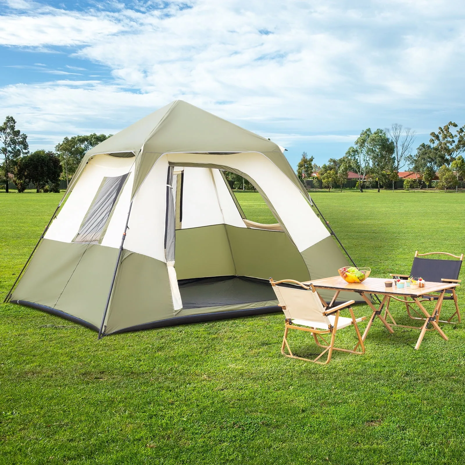 COOKCOK 6 Person Camping Tent, Setup in 60 Seconds, with Rainfly & Windproof, Tent with Carry Bag, Family Camping and Hiking, 120"L x 107.8"W x 65.9"H, Army Green & White