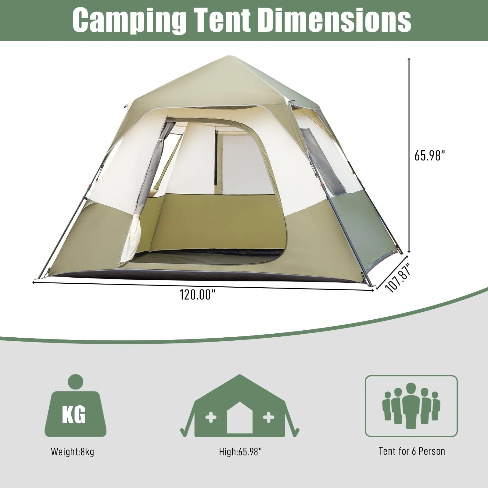 COOKCOK 6 Person Camping Tent, Setup in 60 Seconds, with Rainfly & Windproof, Tent with Carry Bag, Family Camping and Hiking, 120"L x 107.8"W x 65.9"H, Army Green & White