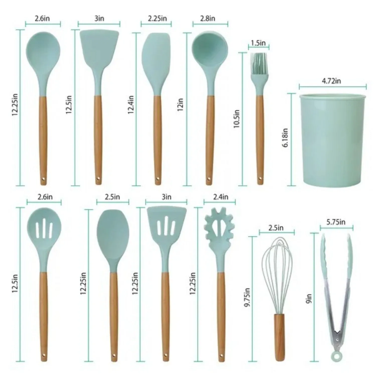 Cooking High-end design Green Compact Utensil 11Pcs Set LunaLulinlk Silicone