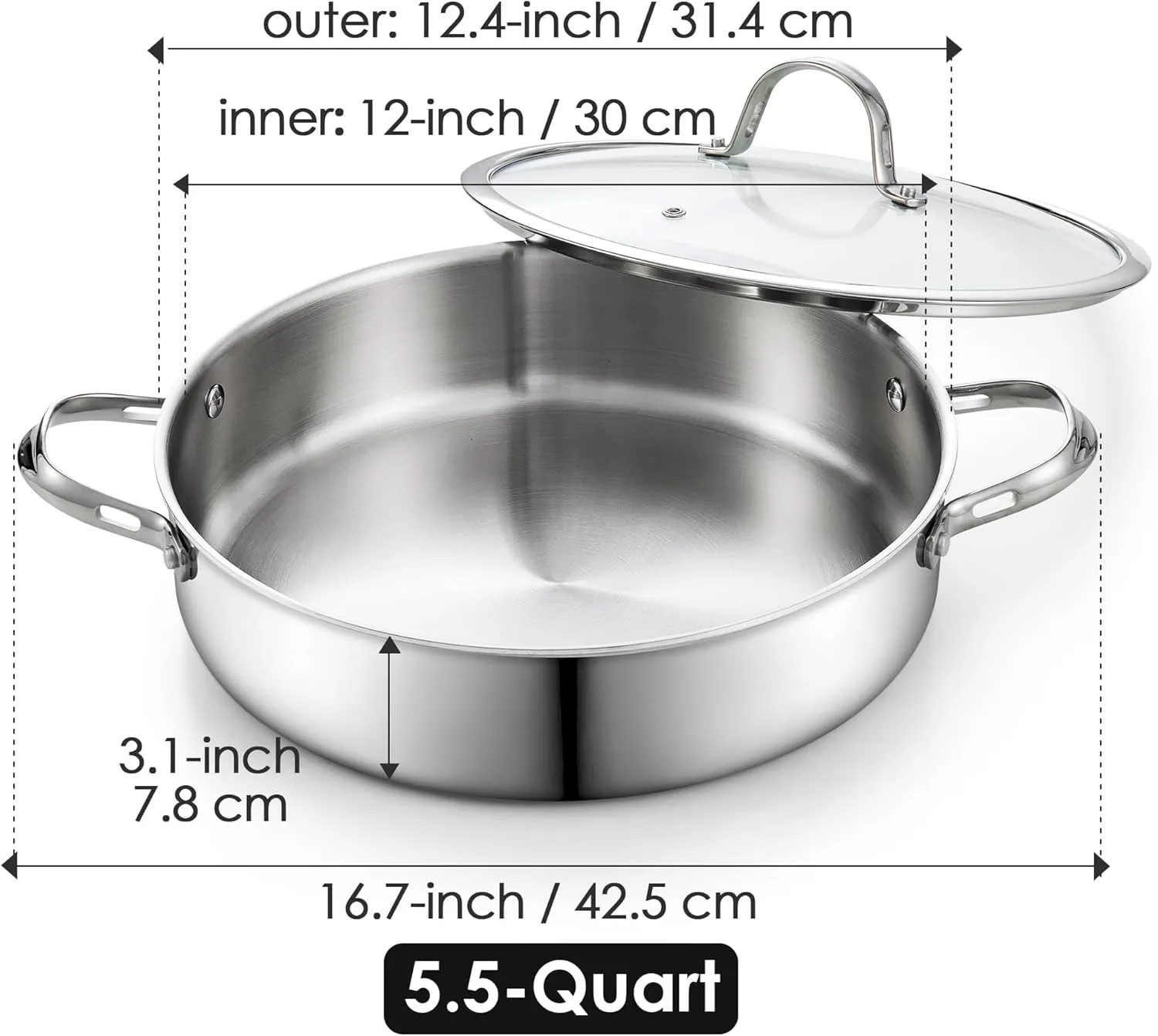 Cooks Standard 5.5-Quart Multi-Ply Clad Stainless Steel Deep Sauté Pan, 12-inch Frying Pan, Large Skillet with Lid Chef Induction Cookware, Stay-Cool Handle