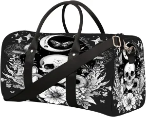 Cool Black And White Skull Travel Duffel Bag for Women Men Small Sport Gym Bag Waterproof Weekender Overnight Lightweight Carry on Foldable Gym Bag for Training Swim Yoga Traveling Handbag