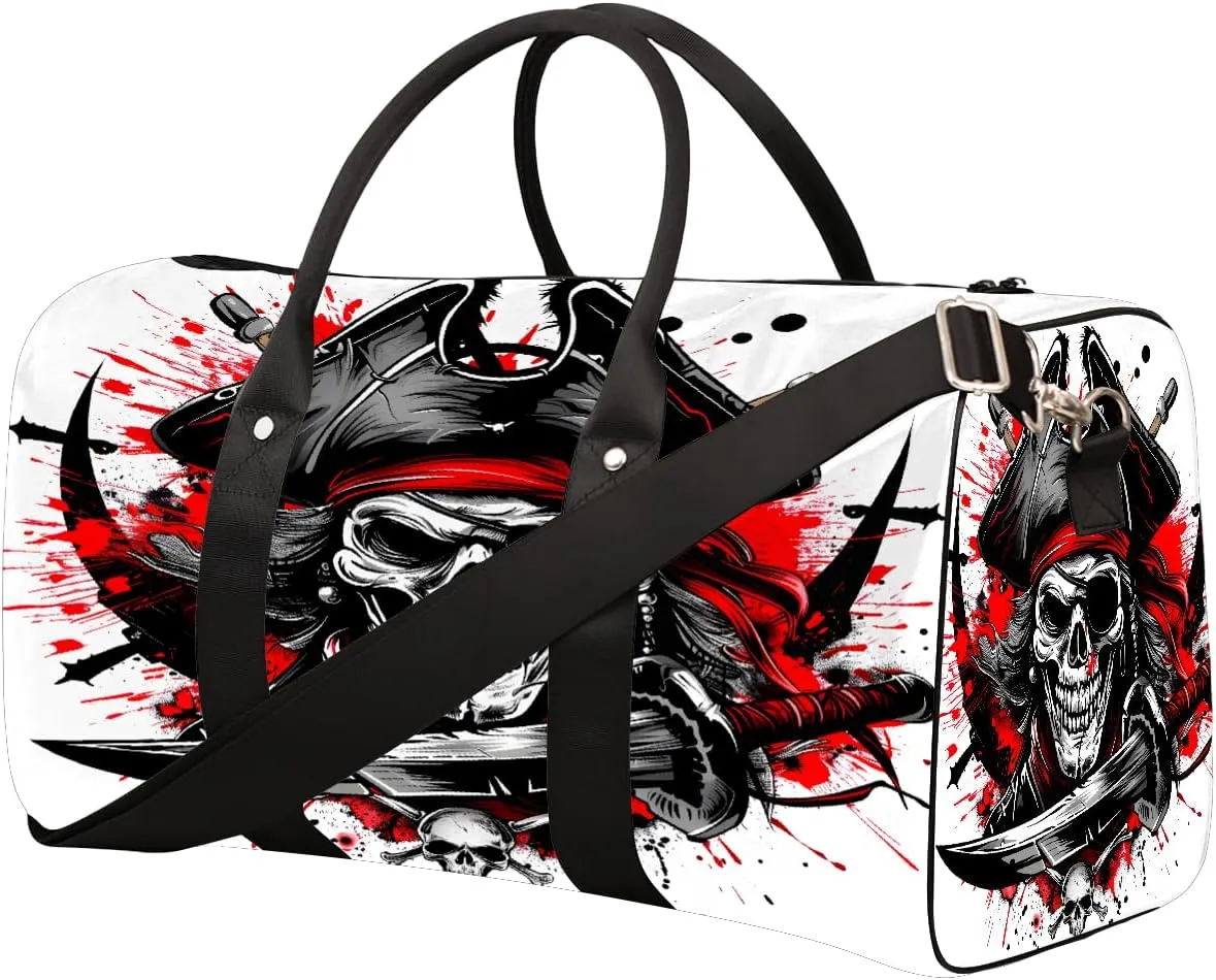 Cool Pirate Black Travel Duffel Bag for Women Men Small Sport Gym Bag Waterproof Weekender Overnight Lightweight Carry on Foldable Gym Bag for Training Swim Yoga Traveling Handbag