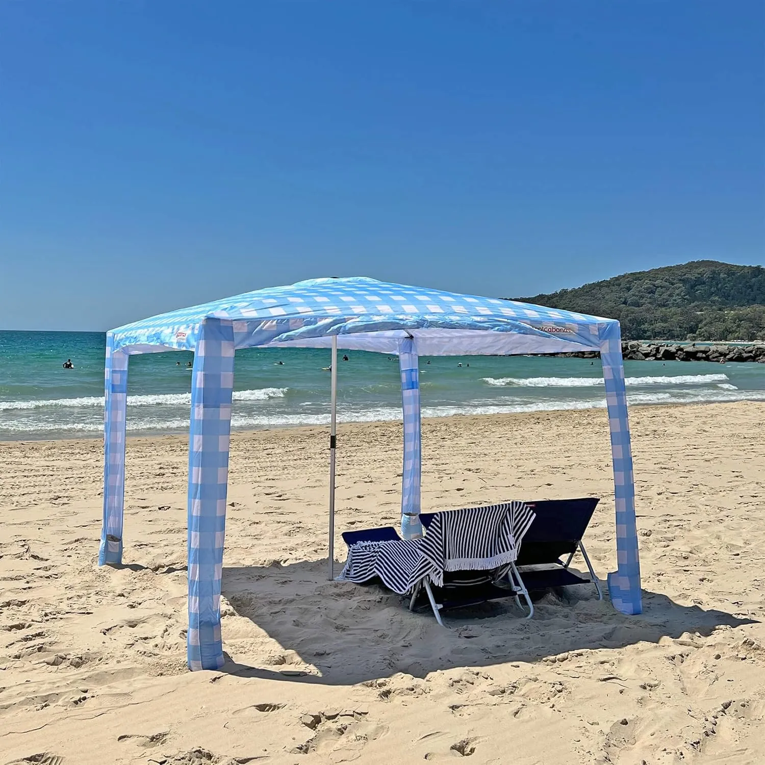 CoolCabana Beach Shade Tent - Easy Setup, UPF 50  Protection, Large & Medium Sizes, Compact & Wind Resistant - Beach Cabana for The Whole Family - Blue Gingham, Medium