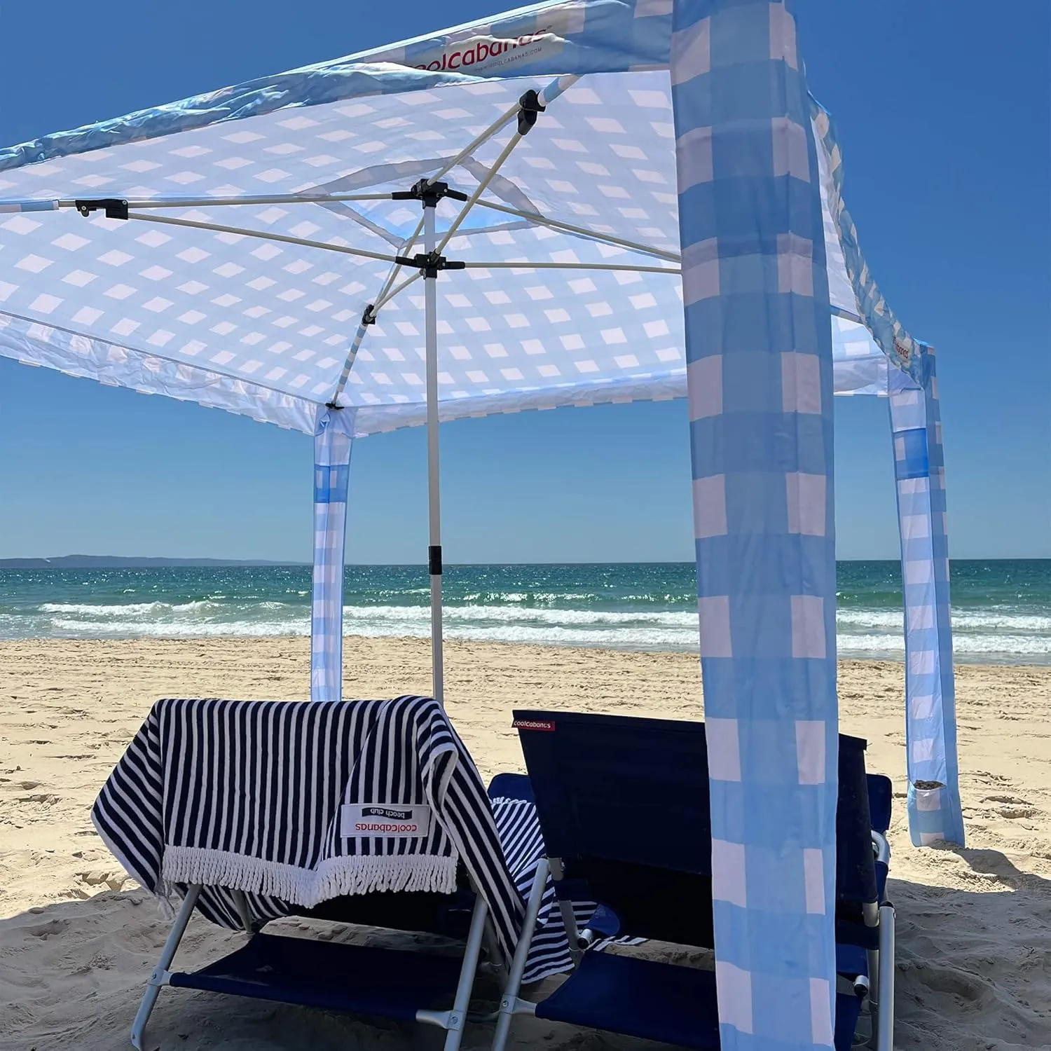 CoolCabana Beach Shade Tent - Easy Setup, UPF 50  Protection, Large & Medium Sizes, Compact & Wind Resistant - Beach Cabana for The Whole Family - Blue Gingham, Medium