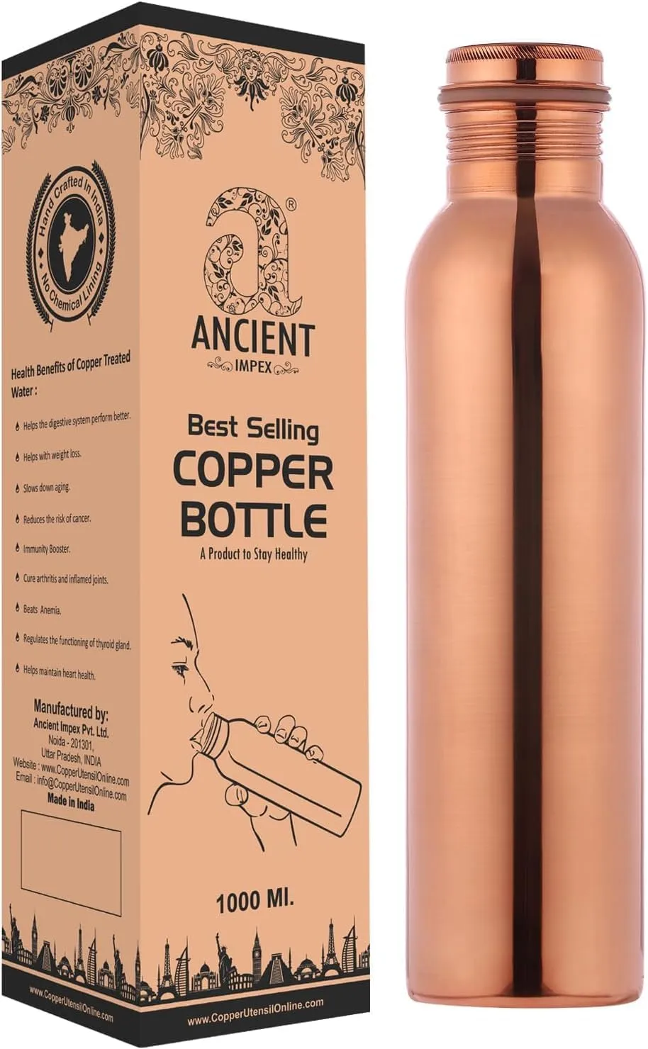 Copper Bottle for Drinking Water 1000mL (33.84 US FL Oz) Capacity Jointless for Ayurveda Health Benefit made of Pure Copper, Unlined, Uncoated and Non-Lacquered