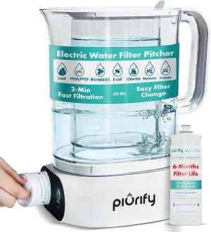 Countertop Electric Water Filter Pitcher with 6-Month UltraFiltration - Fast 2-Min Filtration, Removes 99% Lead, PFAS, Mercury & Chlorine - BPA Free, 50oz Capacity