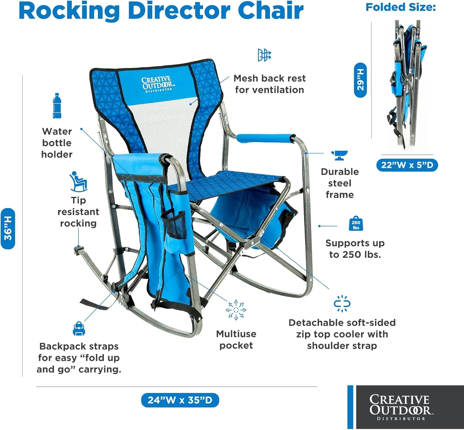 Creative Outdoor Collapsible Folding Rocking Director Chair | Camping Picnic Beach & Patio