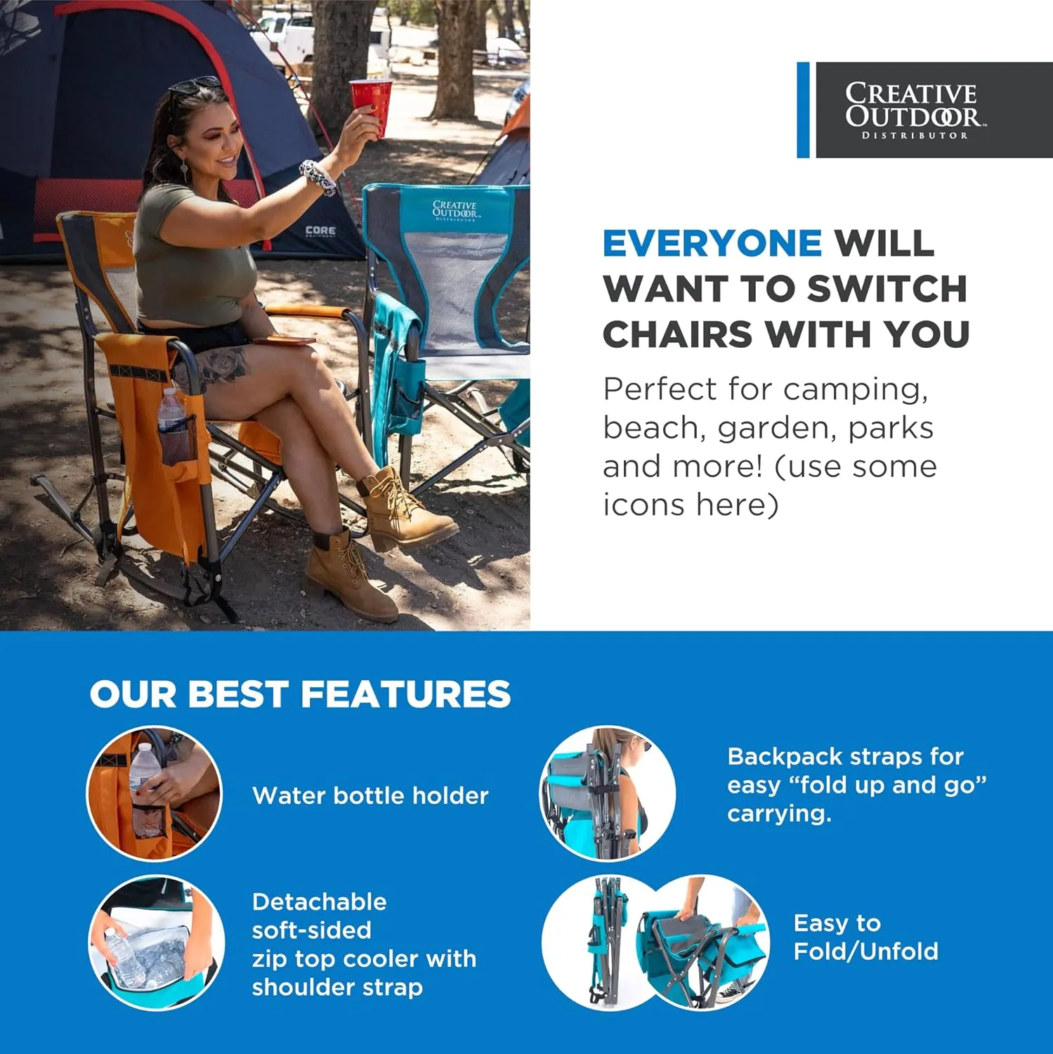 Creative Outdoor Collapsible Folding Rocking Director Chair | Camping Picnic Beach & Patio