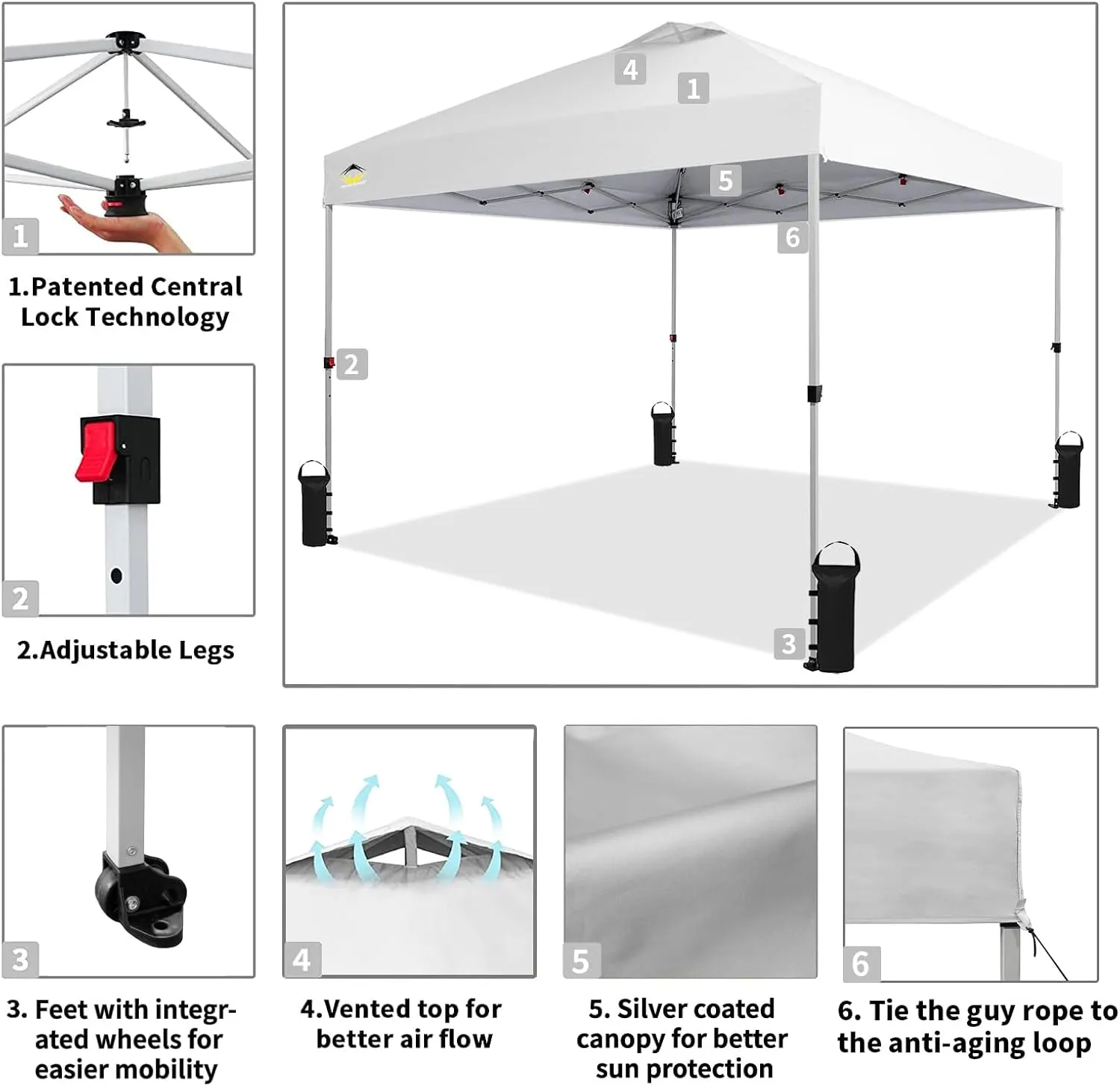CROWN SHADES 10x10 Pop Up Canopy - Beach Tent with One Push Setup - Easy Outdoor Sun Shade for Events, Parties, Camping - Gazebo with STO-N-Go Cover Bag, Silver Coated Top, White