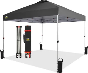 Crown Shades 10x10 Pop Up Canopy - Beach Tent with One Push Setup - Outdoor Sun Shade for Events, Parties, Camping - Gazebo with STO-N-Go Cover Bag, Silver Coated Top, 3 Height& 4 Sand Bags, Grey