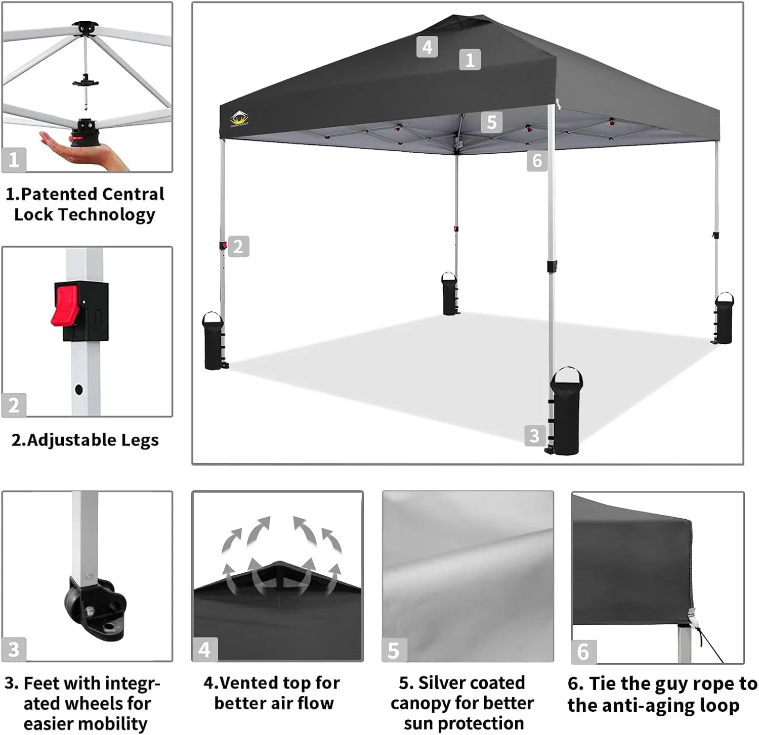 Crown Shades 10x10 Pop Up Canopy - Beach Tent with One Push Setup - Outdoor Sun Shade for Events, Parties, Camping - Gazebo with STO-N-Go Cover Bag, Silver Coated Top, 3 Height& 4 Sand Bags, Grey
